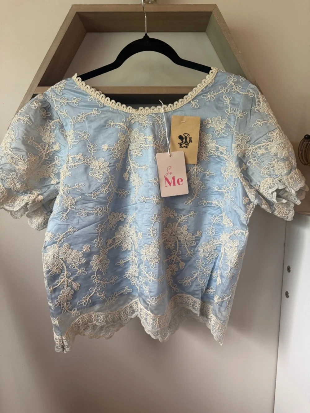 ME Makeover Essentials Sky Blue Lace-Trim Puff Sleeve Blouse - Picture 4 of 4